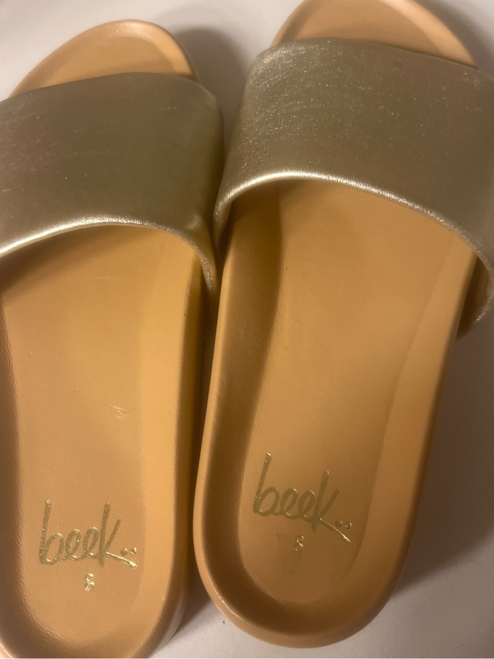 beek Pelican Shimmery Gold Slide Sandals New